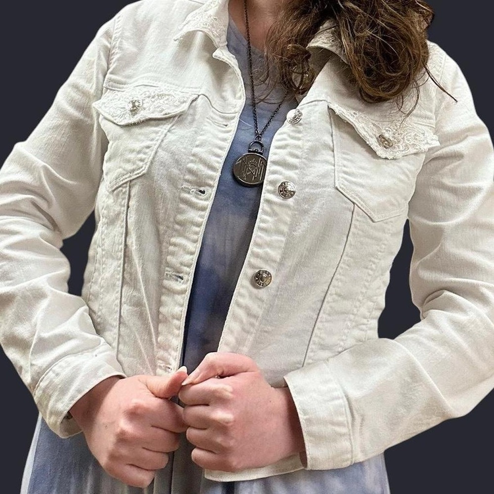 Custom White Denim Jacket with Angel of Death Sleep Token Tshirt Graphic - Picture 2 of 8